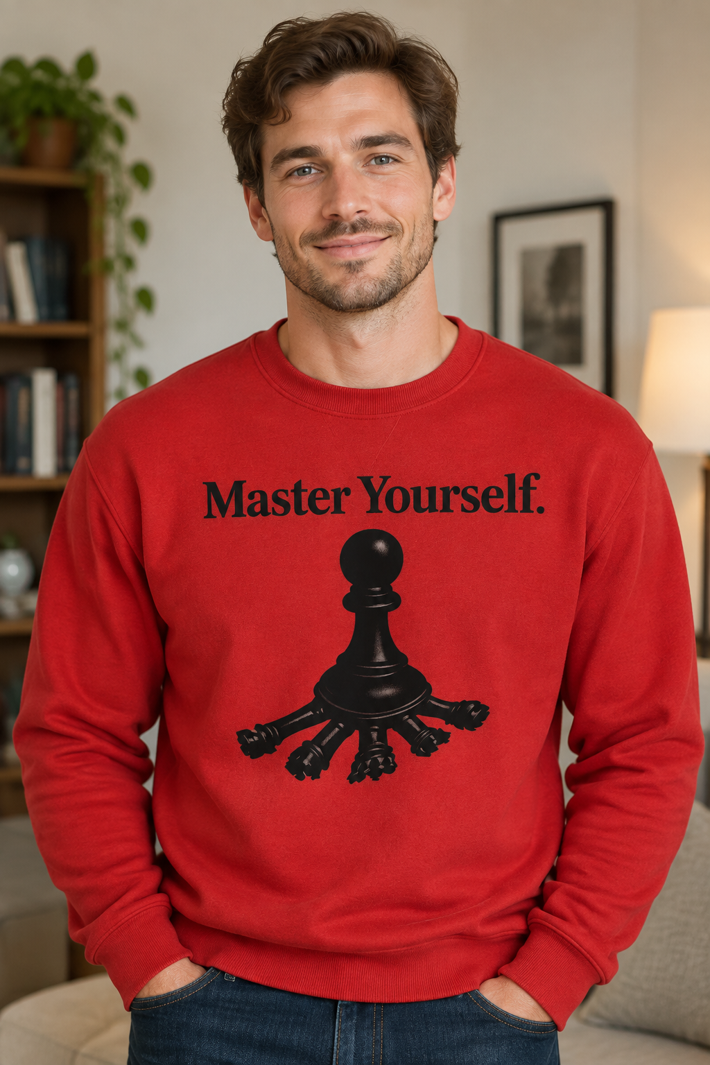 Red crew neck sweater on handsome white man