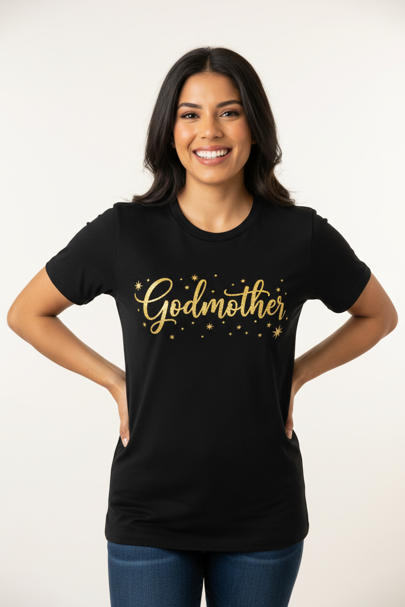 White Woman Godmother Black Gold Glitter Tee
