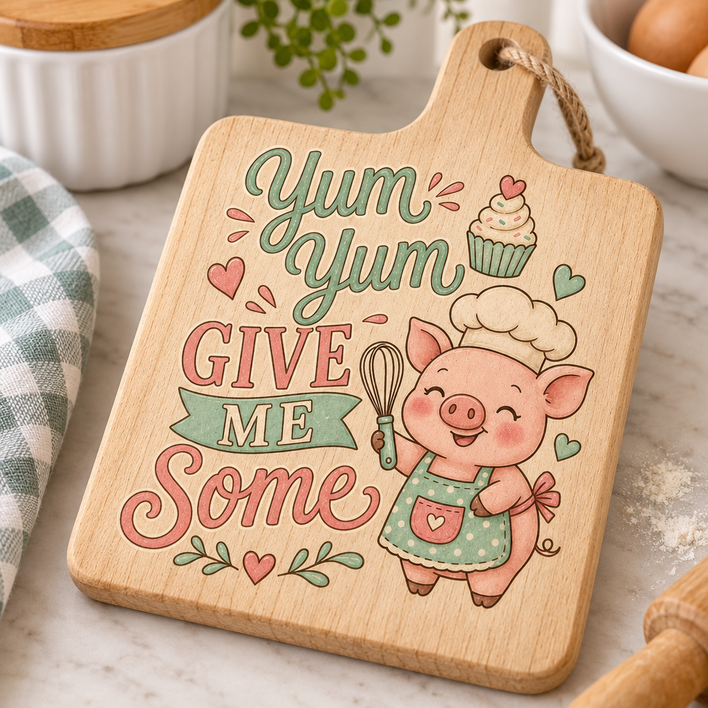 Yum Yum baking pig design mocked up on a mini wooden cutting board
